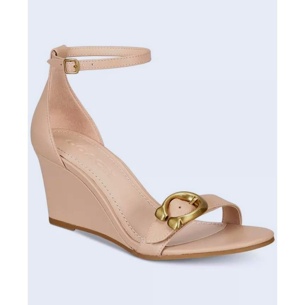 Coach Odetta Wedge Sandal 6.5 Nude Leather Ankle Strap Gold Buckle Designer Chic
